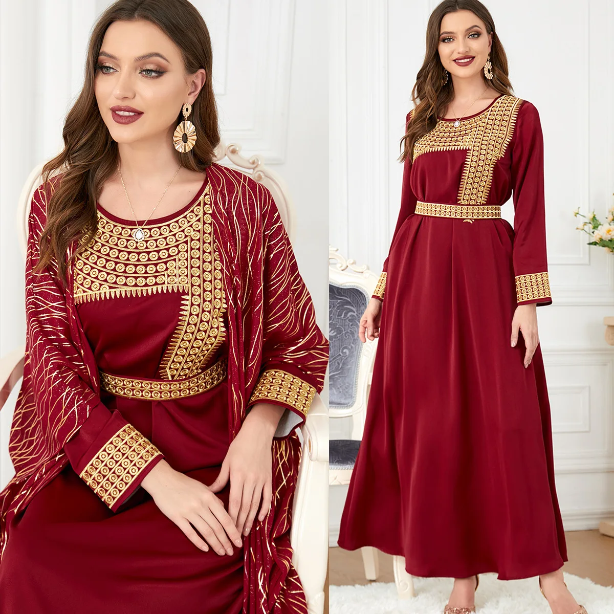 Elegant Casual Women's Dresses Abayas for Women Luxury 2 Piece Muslim Sets Embroidery Belted Kaftan Islamic Dresses Ramadan
