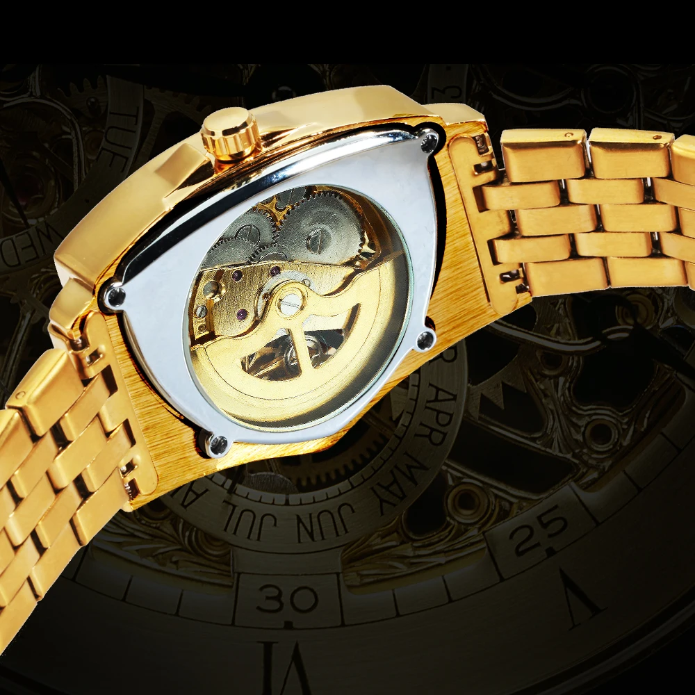Triangle Skeleton Gold Black Watch for Men Automatic Mechanical Wristwatch Irregular Luxury Stainless Steel Strap relogio mechanical watch