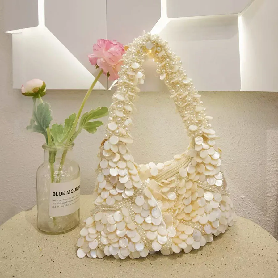 Beads Beading Tassel Hobo Bag Fashion Shell Woven Handmade Shoulder Bag Luxury Clutch Purse High Quality Women's Handbag