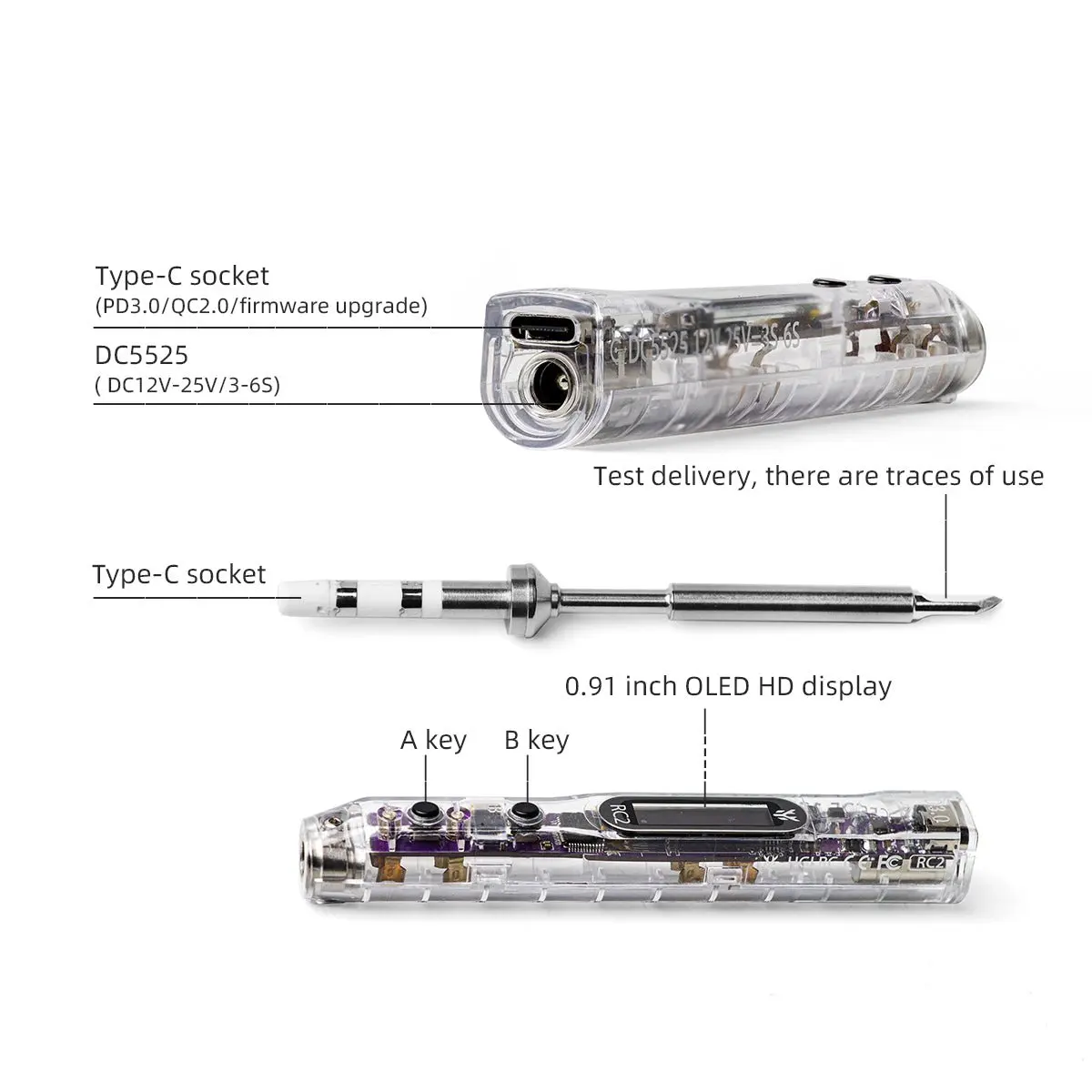 HGLRC RC2 Soldering Iron OLED HD Display Smart Constant Temperature Compatible with TS / T12 Soldering Lron Tips for FPV Drone thumbnail 5