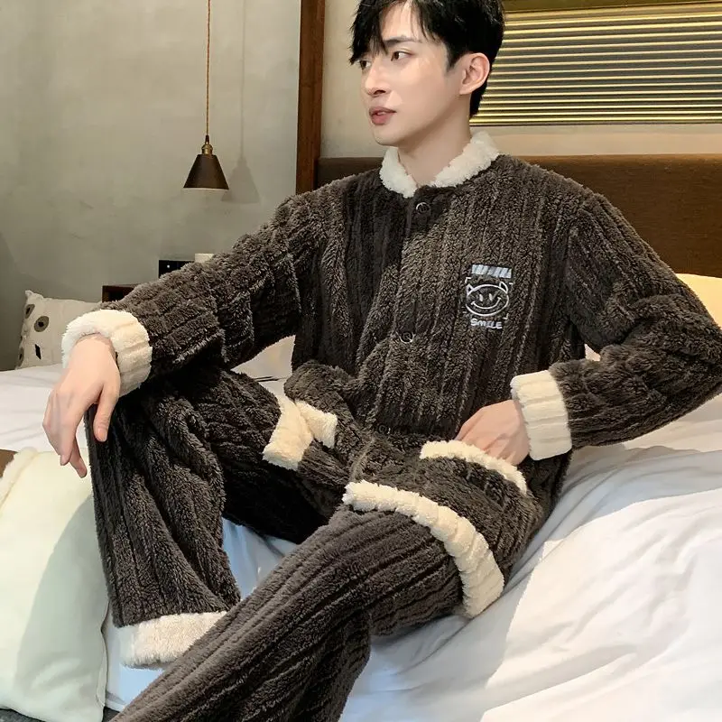 Flannel Housewear Men's Pajamas Winter Coral Velvet Thickened Warm Sleepwear Male Loose Pijamas Pants 2 Piece Set Sleep Clothes
