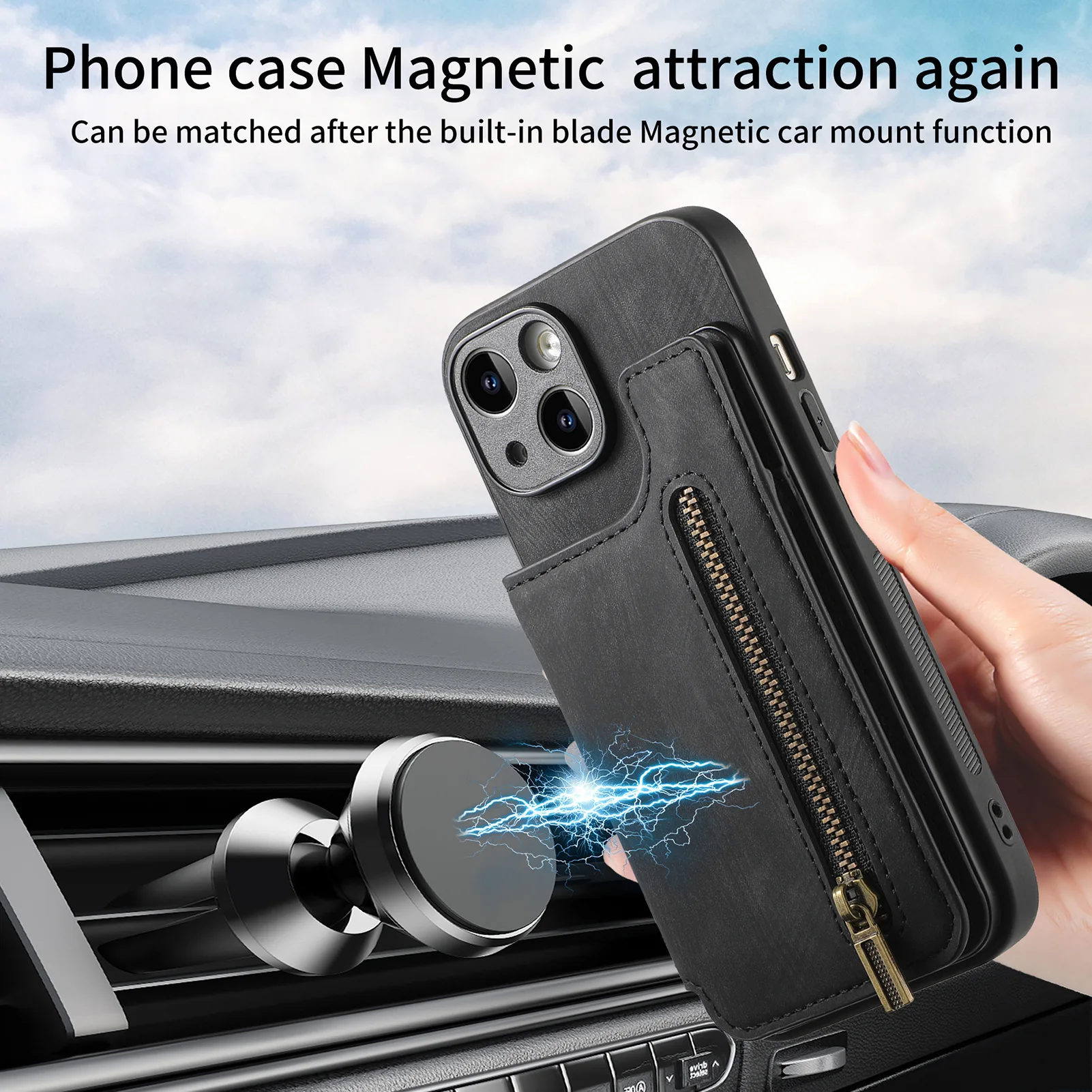Luxury Leather Zipper Wallet Case with Magnetic Holder and Card Slots