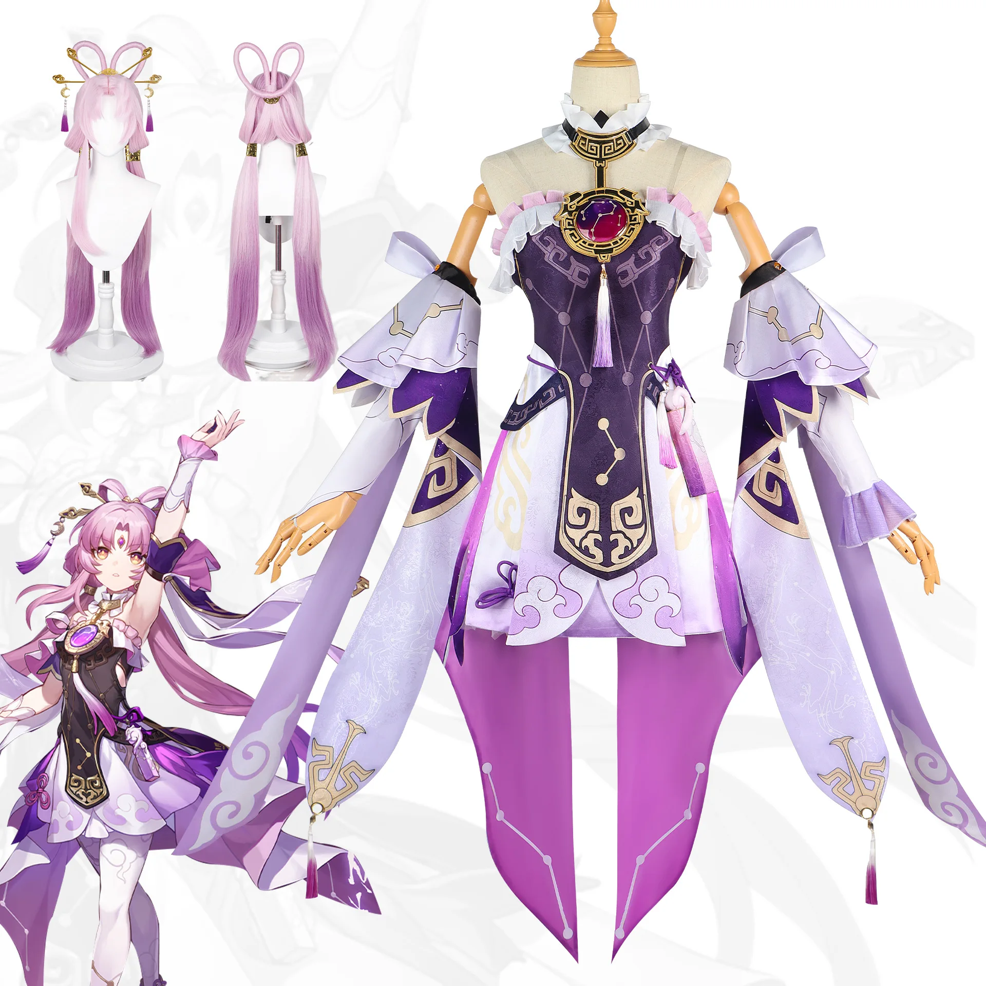 

Fu Xuan Cosplay Costume Wig Honkai Star Rail Cosplay Dress Headwear Earrings Master Diviner Xianzhou Luofu Halloween Women Props