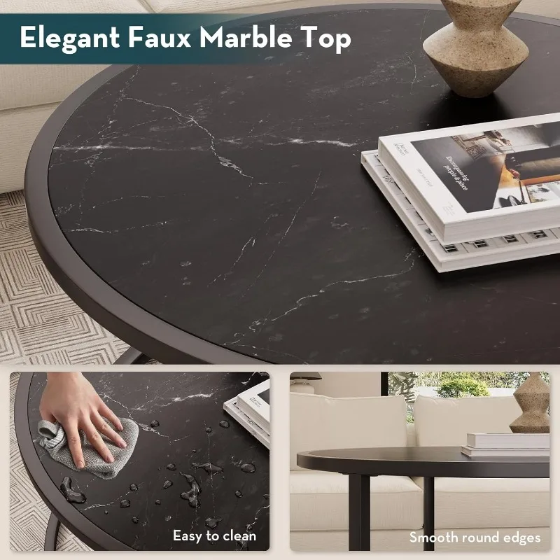 Black Coffee Table Round Marble CoffeeTables for Living Room Modern Small Center Table 4
