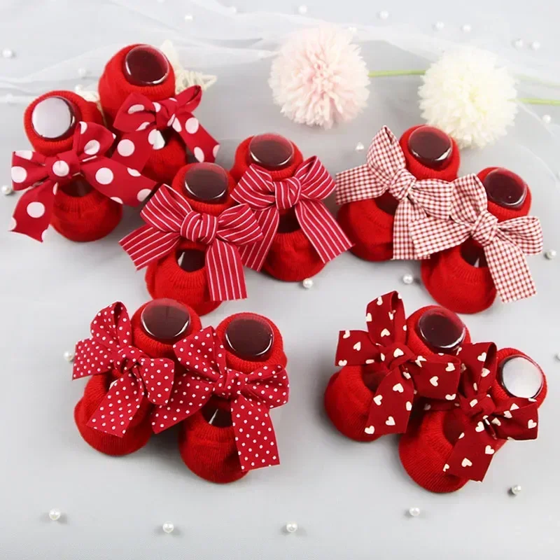 Spring Autumn Red Newborn Indoor Cotton Socks Bow Infant Anti Slip Socks Baby Girl Socks Rubber Soles Baby Girl Floor Sock
