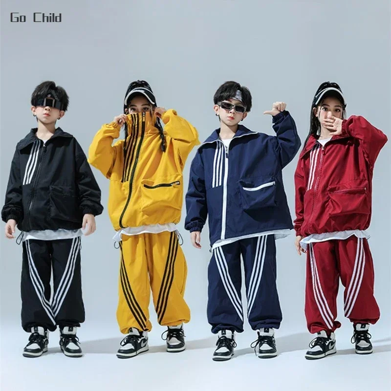 Hip Hop Girl High Collar Bomber Jacket Cargo Sport Pants Boy Street Dance Coat Streetwear Kids Jazz Outfits Child School Uniform hip hop kids outfit