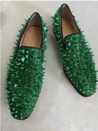 Hot Green Gold Long Spike Rivet Glitter Round Toe Flat Loafers Man