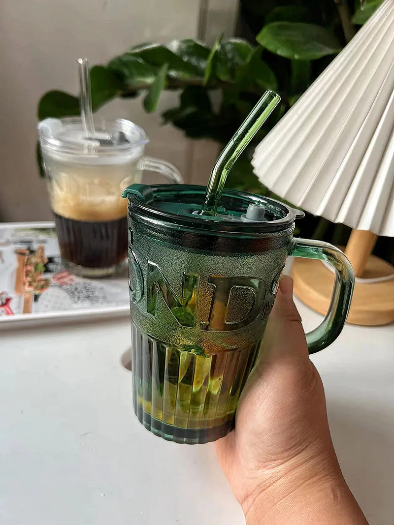 Straw With Glass Cup Coffee Cup With Handle Straw Cup Large Capacity Glass Cup With Cover 400Ml Glass Dinkware