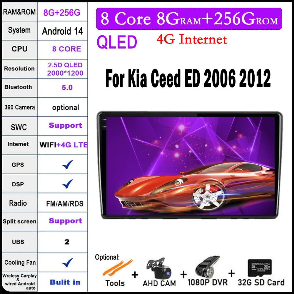 

9 Inch For Kia Ceed ED 2006 2012 Android 14 Car Radio Video Multimedia QLED IPS Navigation GPS Stereo Screen Auto 4G+Wifi