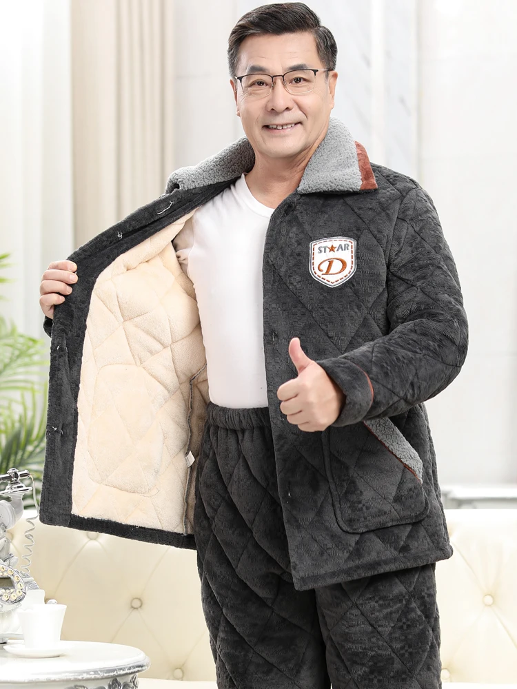 Pajamas Men's Thickened Warm Autumn Winter Three-Layer Quilted Middle-Aged Elderly Home Wear Lapel Geometric Pattern Embroidery