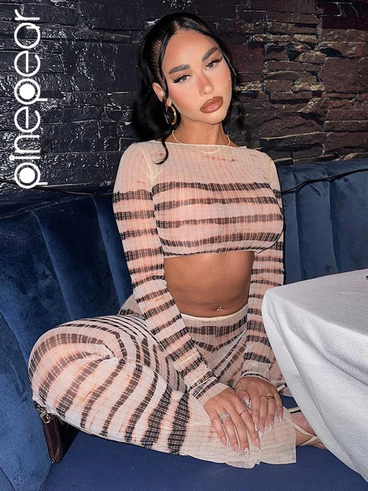 

PinePear Sheer Striped Mesh See Though Long Sleeve Crop Top + Flare Pants 2 Piece Sets Women 2024 Fall Winter Sexy Party Outfits