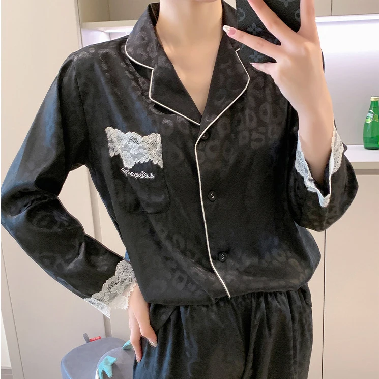 

Lace Edge Pajamas Sexy Sleepwear Shirt Pant Lapel Loungewear Printing Striped Long Sleeve Nightwear Sleep Set Home Clothing