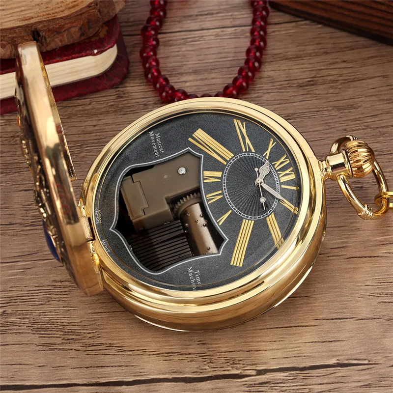 Golden Space Astronauts Full Hunter Case Playing Music Men Women Manual Quartz Pocket Watches Musical Clock FOB Chain reloj