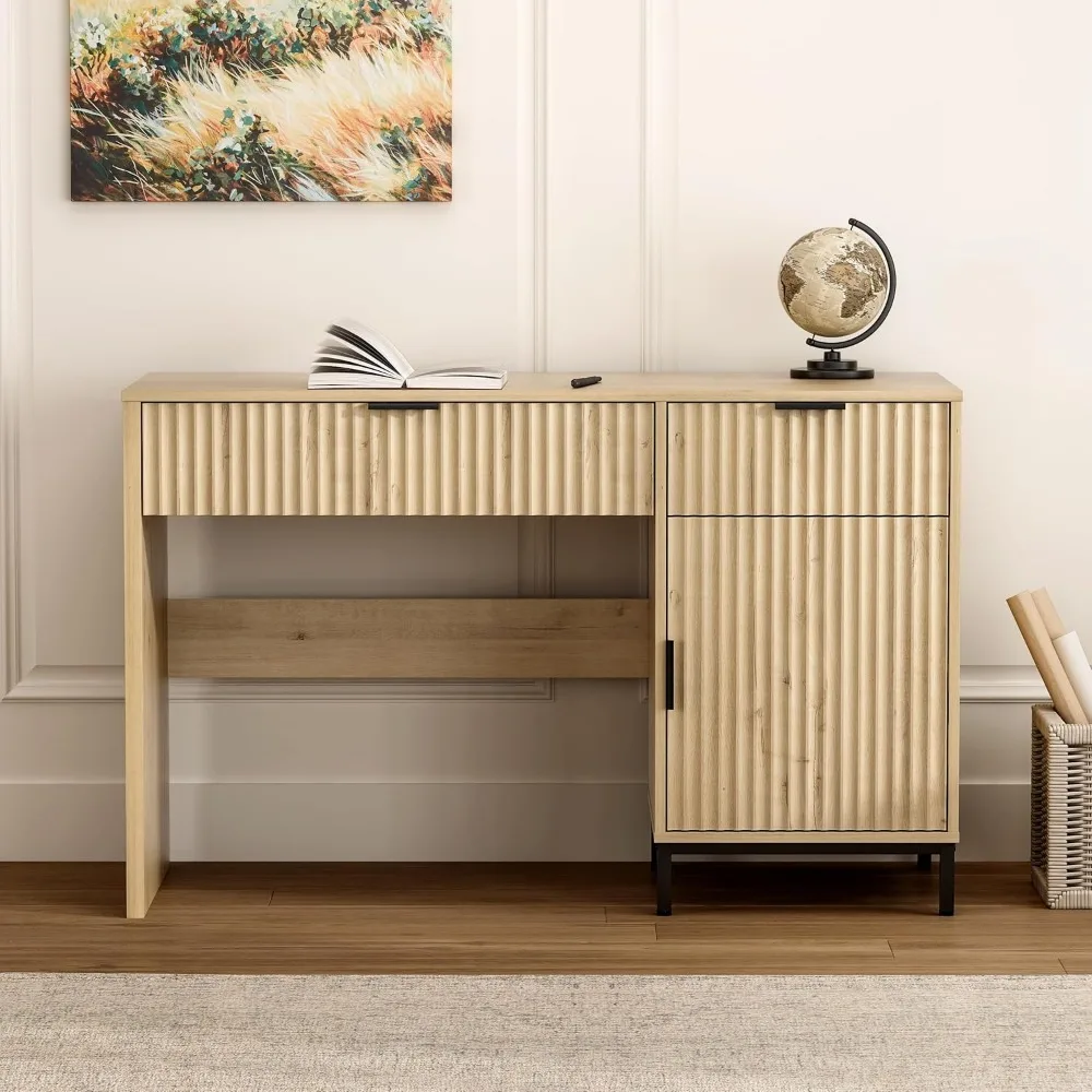 47" Fluted Executive Desk, Modern Wood Home Office Desk with Charging Station, Drawer & Cabinet, Computer Writing Desk for Work 5