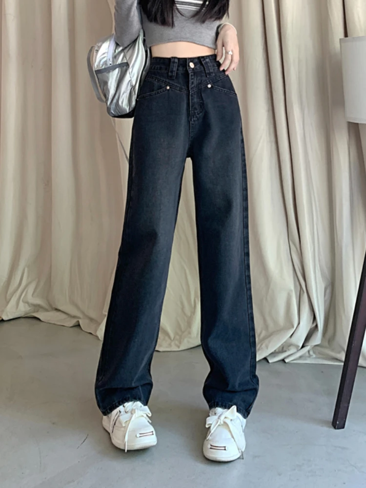 

Корейские модные винтажные джинсы, женские прямые мешковатые широкие брюки с высокой талией, Женские однотонные повседневные джинсовые брюки Y2K на зиму 2022
