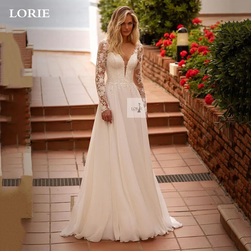 

LORIE Chiffon Boho Wedding Dresses A Line Lace Long Sleeve vestidos de novia Bride Gown 2024 V Neck Wedding Party Dress