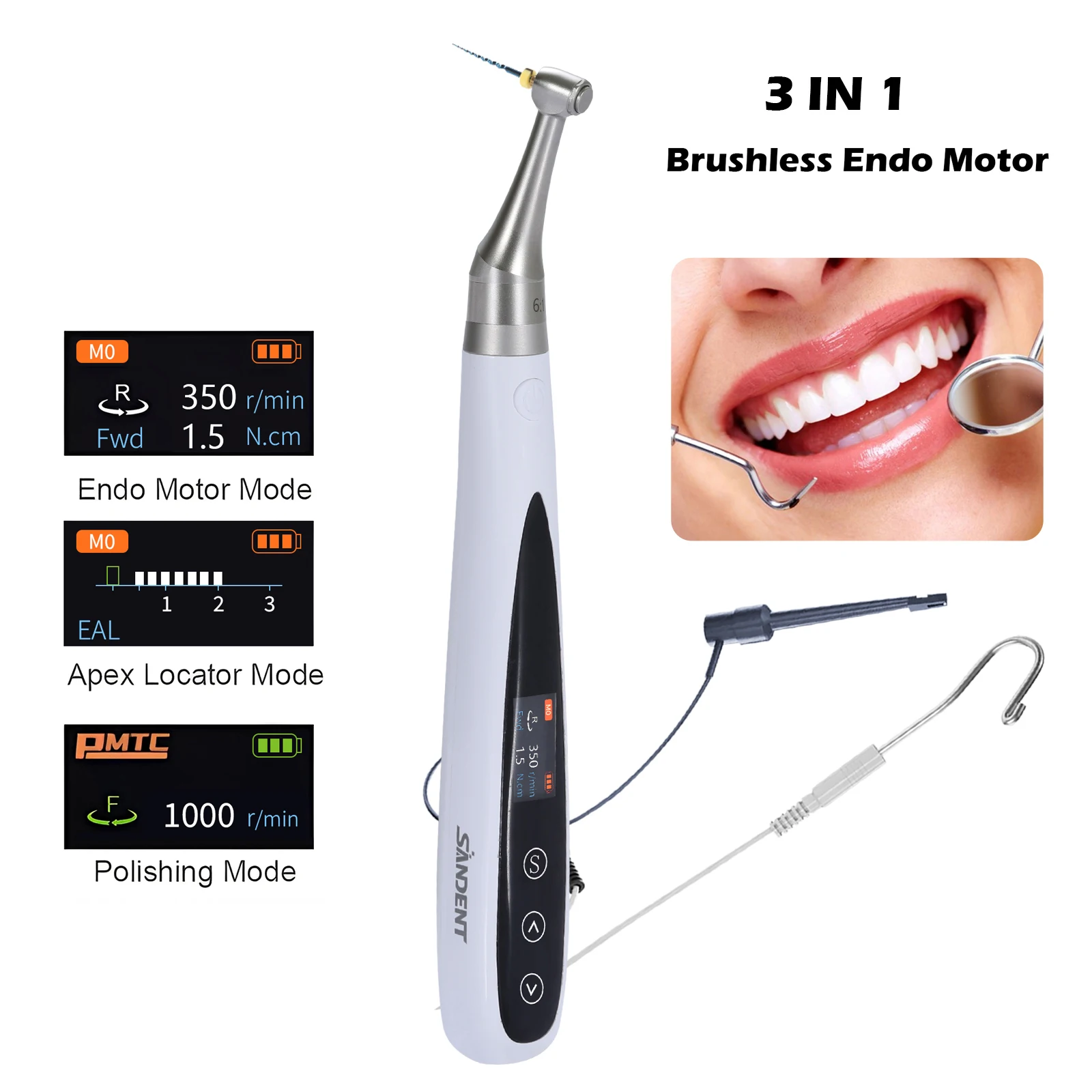Dental Brushless 3 in 1 Endo Motor Built-in Apex Locator Cordless Polishing 16:1 Contra Angle Multifunction Dentist Tools