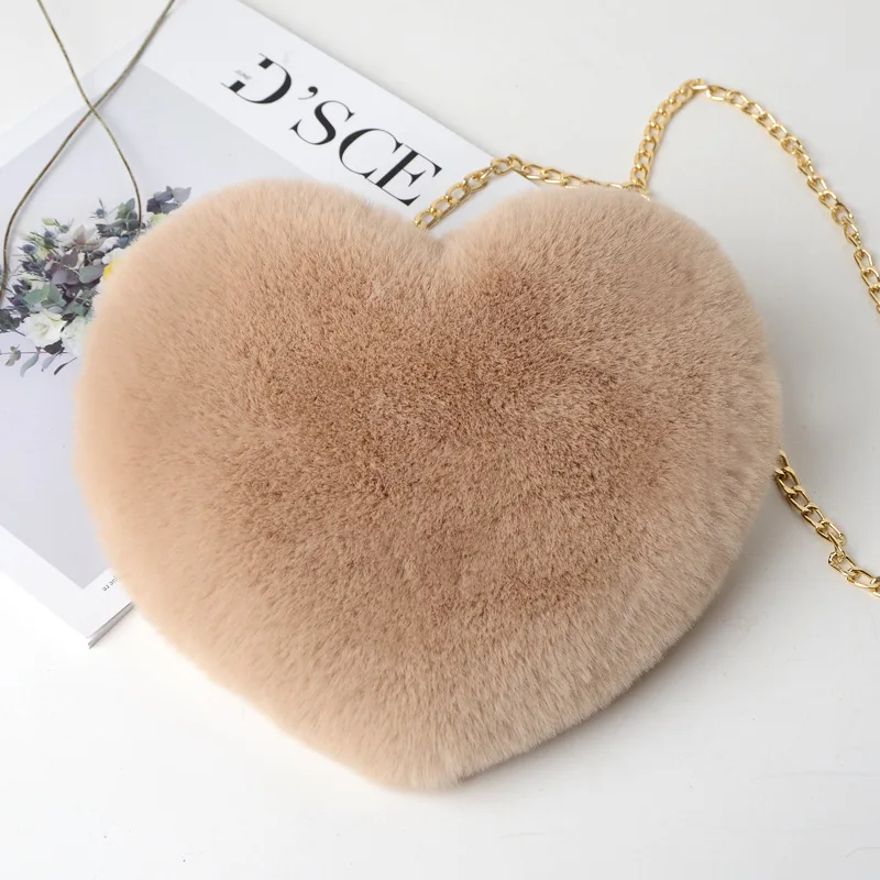 Women Shoulder Bag Heart Shaped Handbags Crossbody Plush Chain Faux Fur Wallet Purse