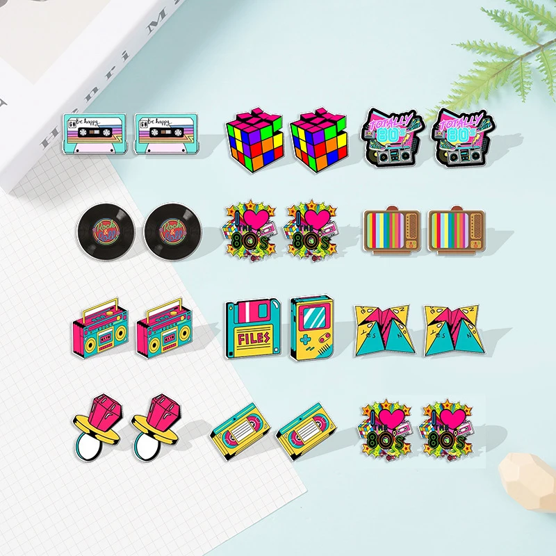 

80's Recorder Stud Earrings Acrylic Cassette Game Player Rubik's Cube Colors Mini Epoxy Ear Studs Summer Jewelry Gifts For Women