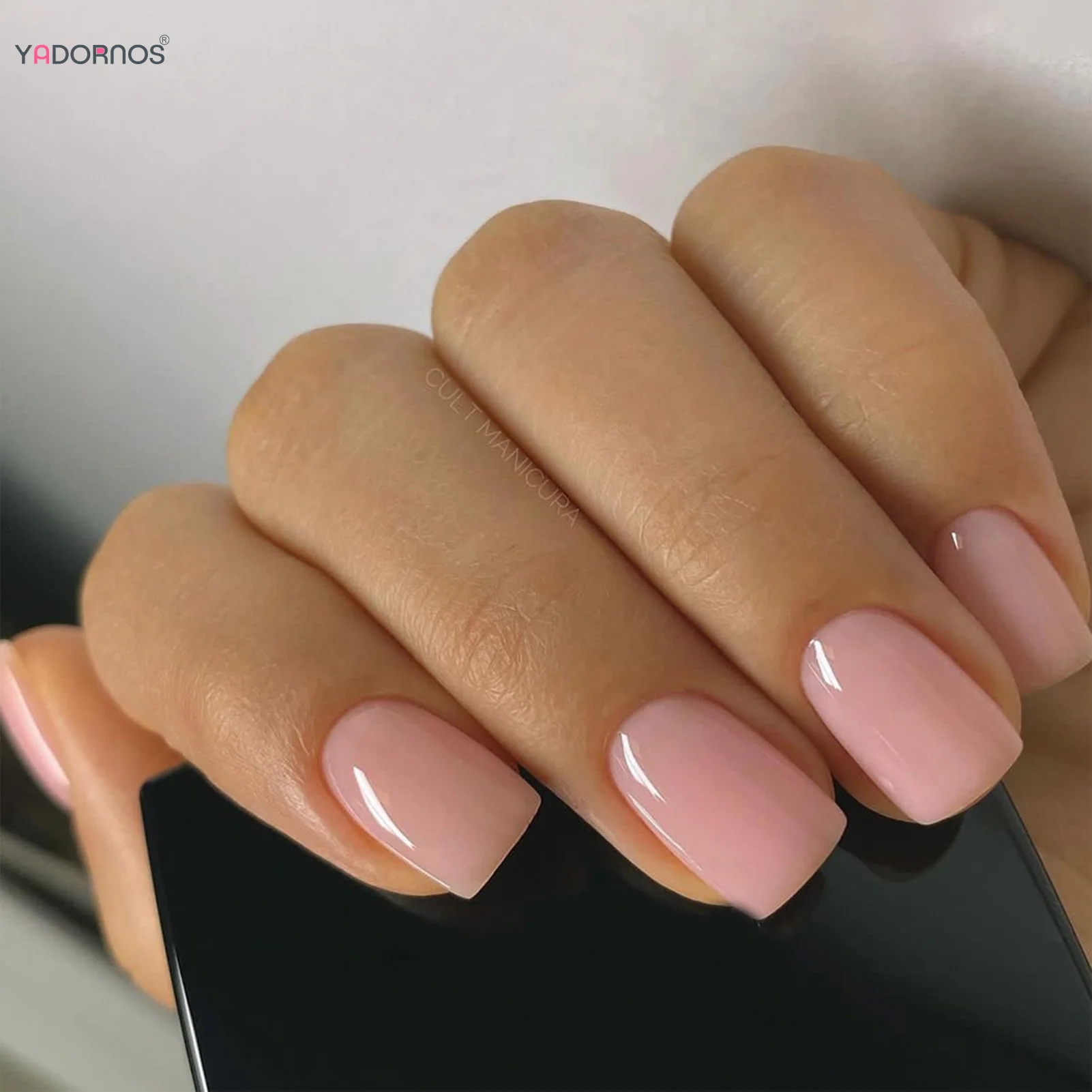 Faux Ongles Press-on Courts Carrés - Rose Nude Avec Paillettes - Kit 24 Pièces + Colle