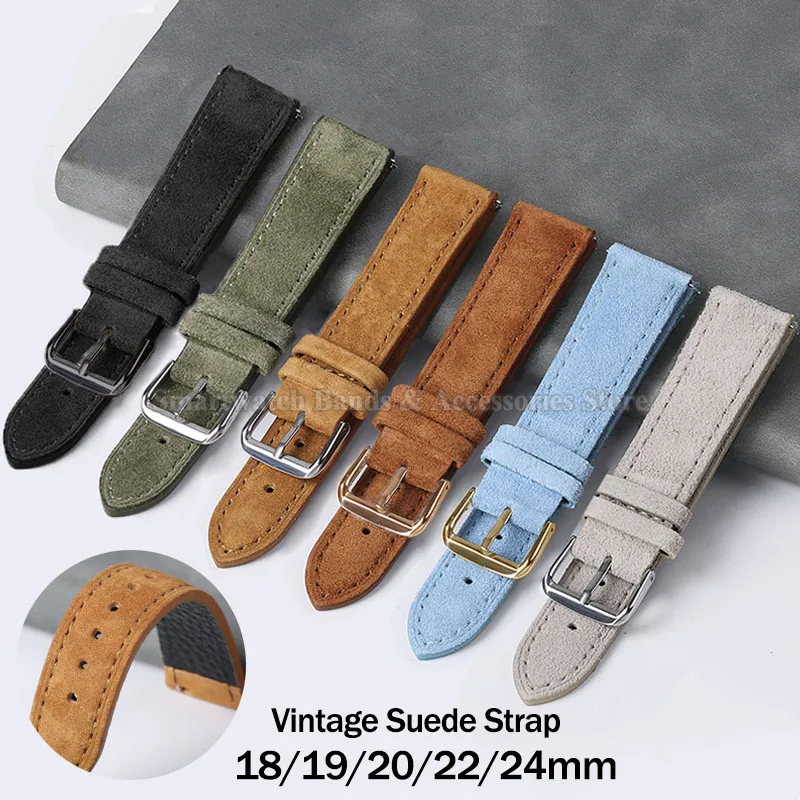 Artisanal Vintage Suede Leather Watch Strap with Handmade Stitching and Quick Release
