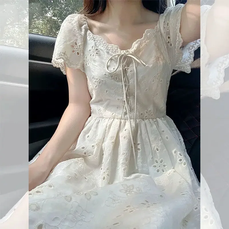 

Женское платье средней длины, милое летнее платье во французском стиле с вышивкой, на шнуровке, с небольшой талией, 2024