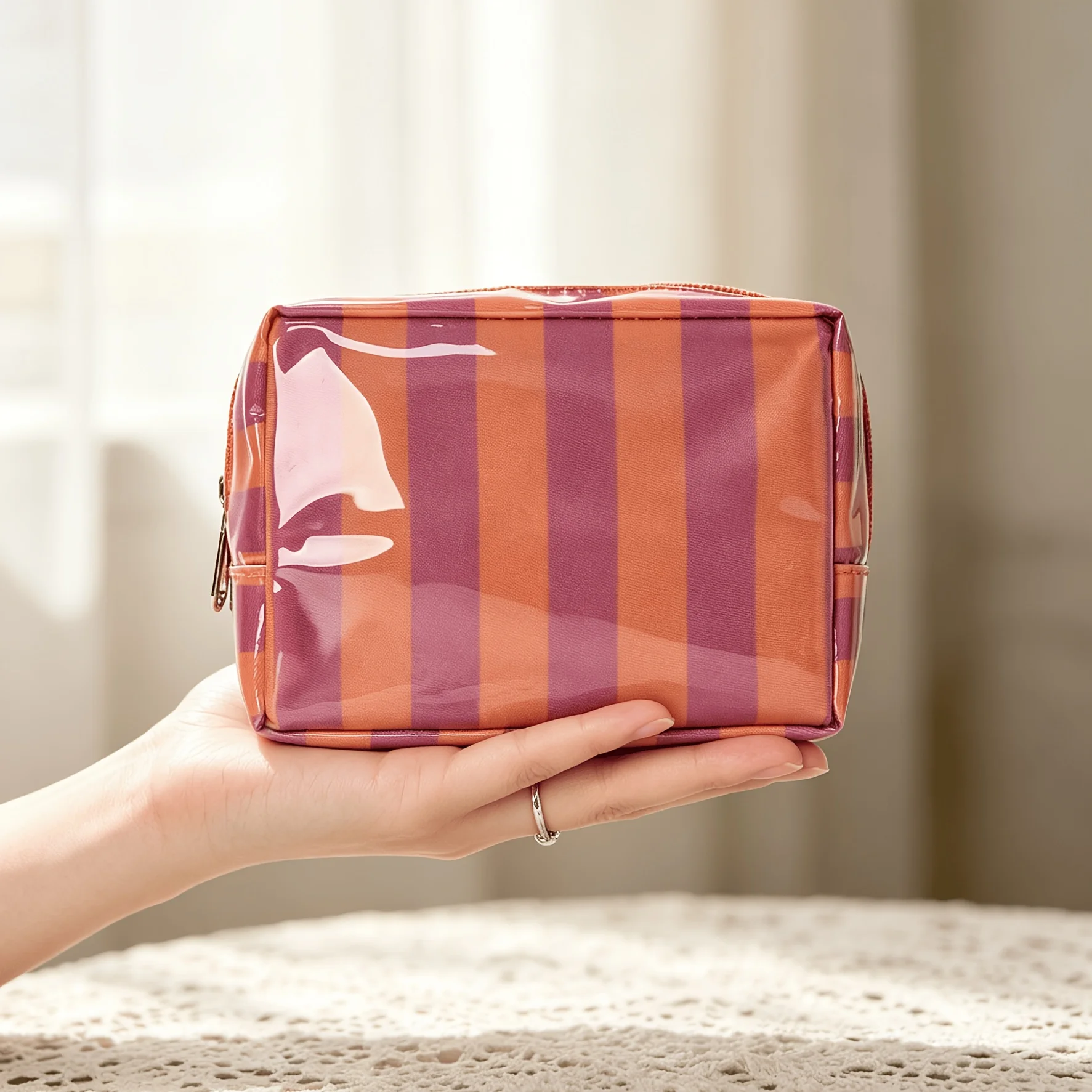 Chic Striped Mini Makeup Bag with Zipper - Stylish Cosmetic Pouch