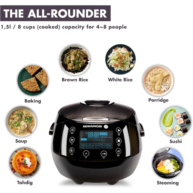 Reishunger Digital Rice Cooker and Steamer, White, Timer - 8 Cups - Premium  Inner Pot, Multi Cooker with 12 Programs & 7-Phase Technology for Brown