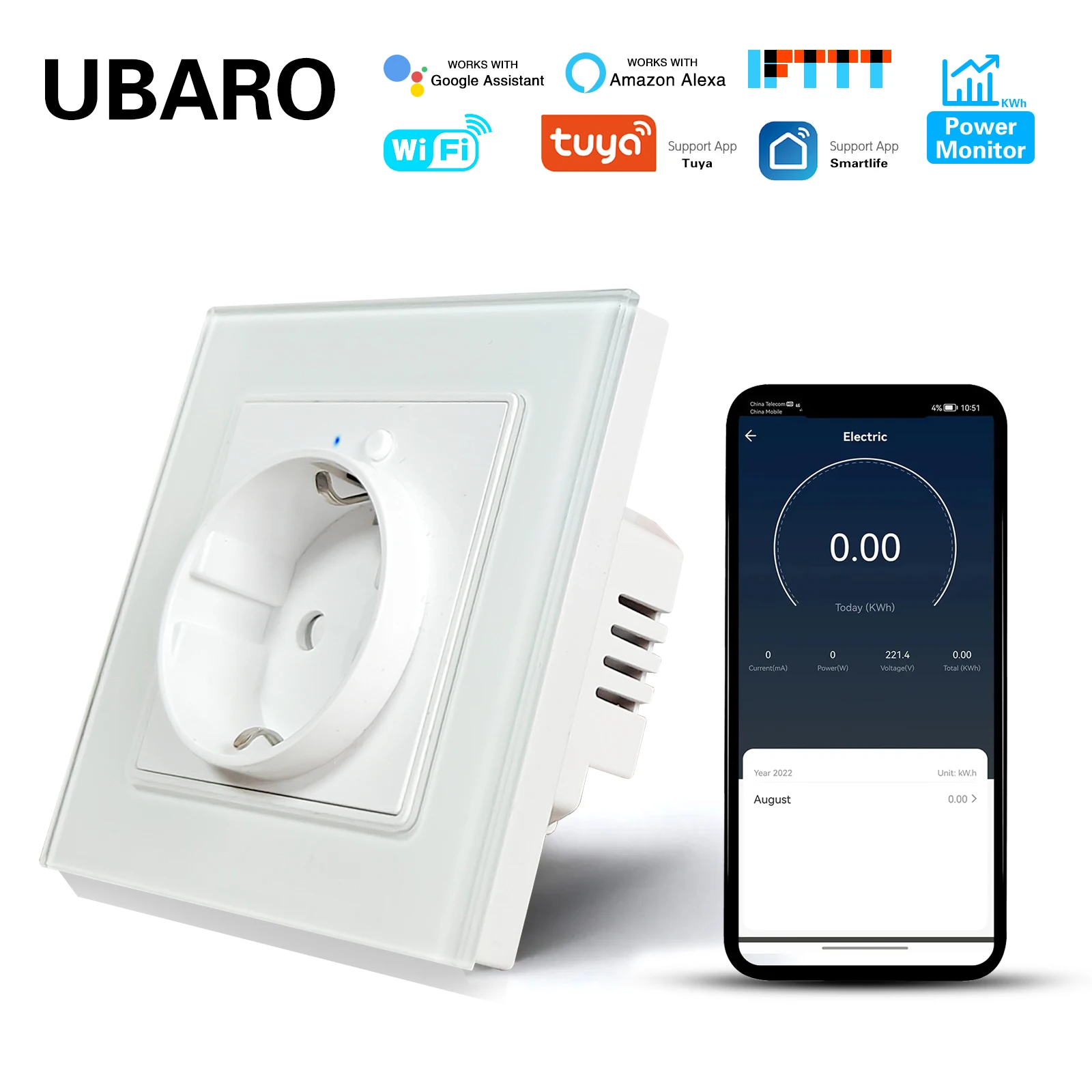 Умная настенная розетка UBARO, умная USB-розетка с монитором закаленного стекла и функцией голосового управления таймером, подходит для Google Alexa