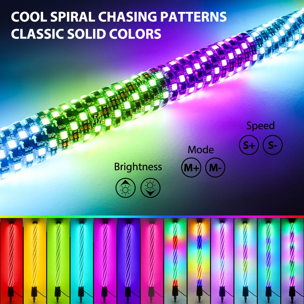 0.4M/1.31FT RGB Fat Spiral LED Whip Lights Bluetooth APP and Remote Control Flagpole Lamp for Truck Offroad ATV UTV Polaris RZR