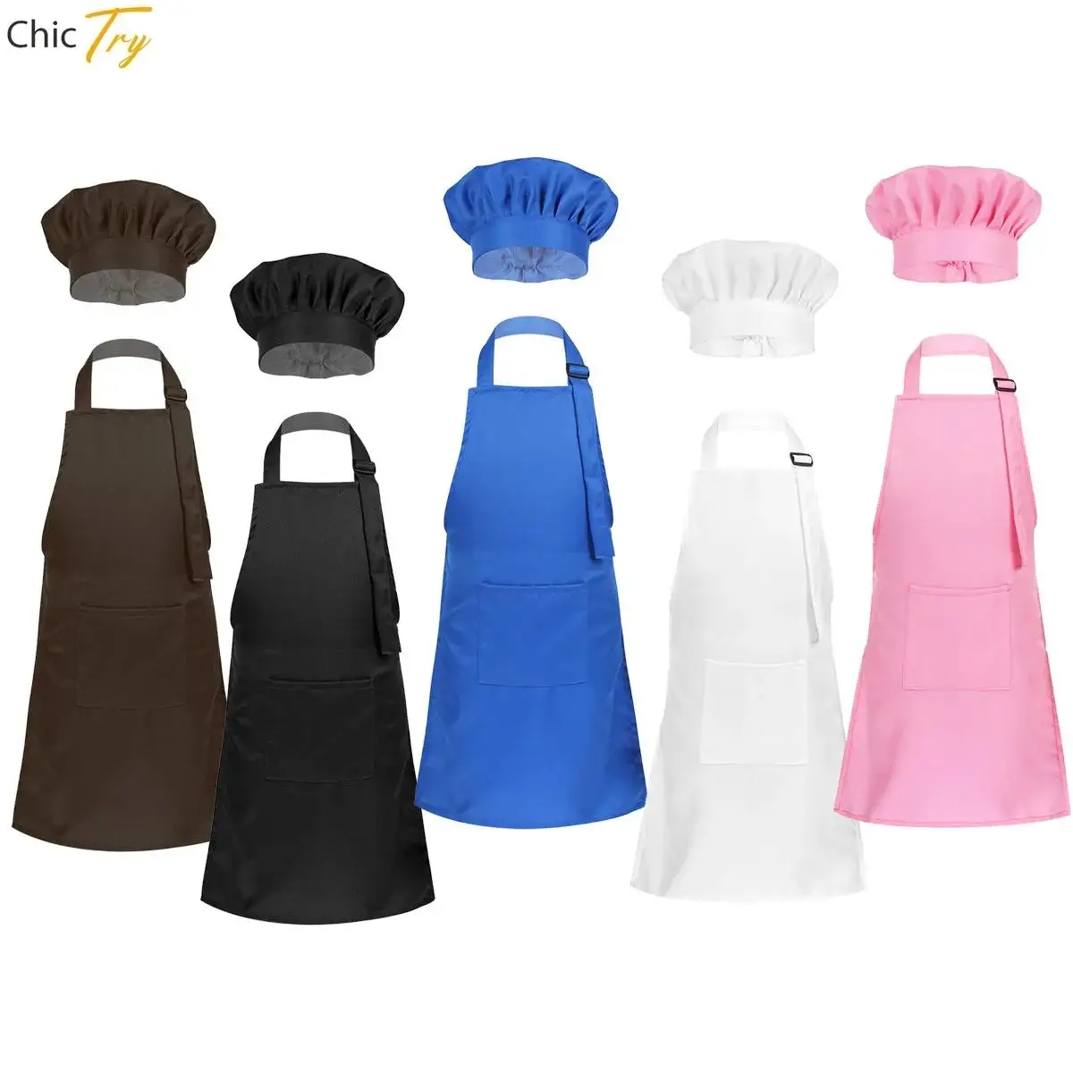 Kid Boys Girls Front Pocket Bib Apron Children Apron Chef Hat Kitchen Cooking Craft Uniform Child Painting Cooking Baby Pinafore chef apron hat set