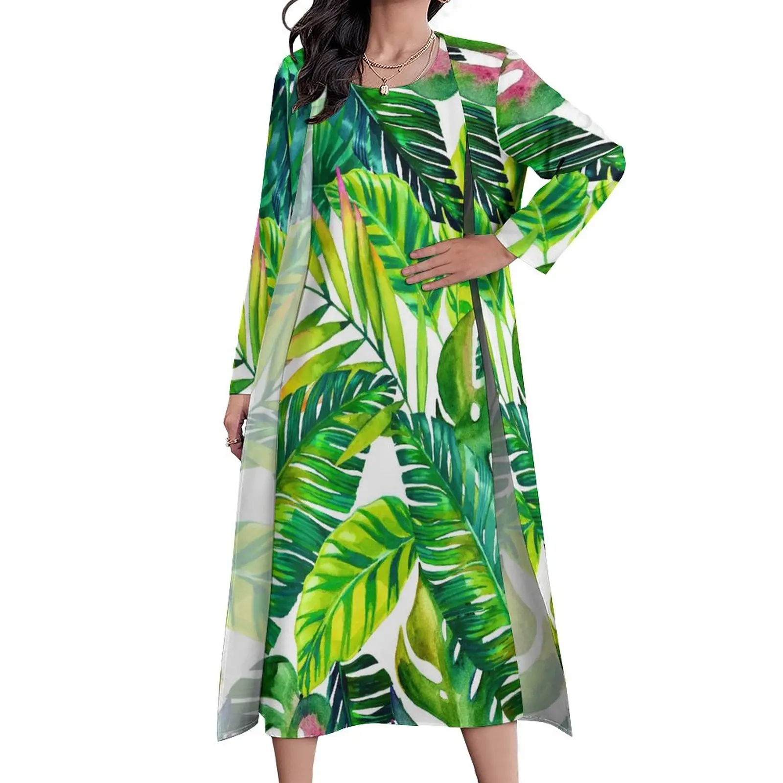 

Green Palm Leaves Dress Long Sleeve Tropical Plants Print Aesthetic Bohemia Long Dresses Ladies Party Maxi Dress Gift