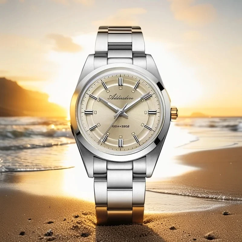 ADDIESDIVE Watch For Men 2025 New 36mm Champagne Color Quartz Wristwatch Domed Glass 100m Waterproof BGW9 Luminous VH31 Watch