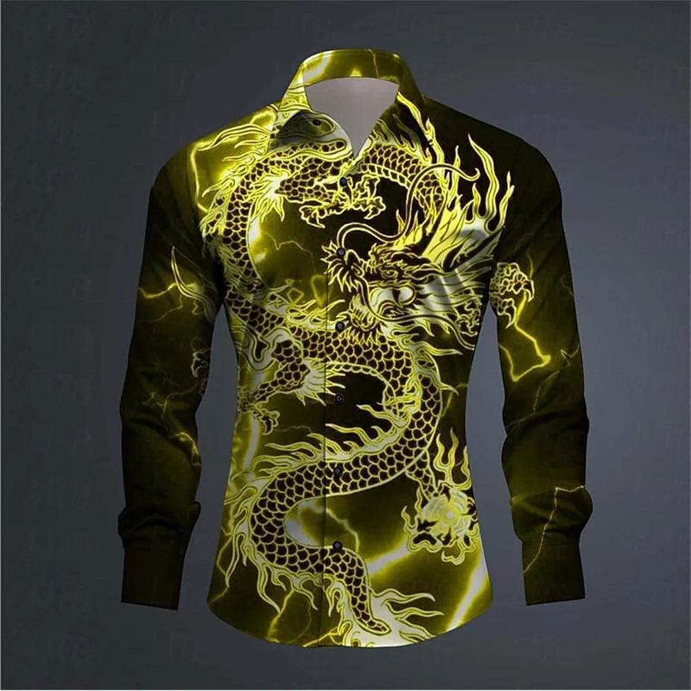 Fashion men's 3D lightning dragon print men's casual button long sleeved shirt, men's spring/summer/autumn clothing, men's top x men s long sleeve t shirts and pants two piece lightning 3d printed men s sets casual suit