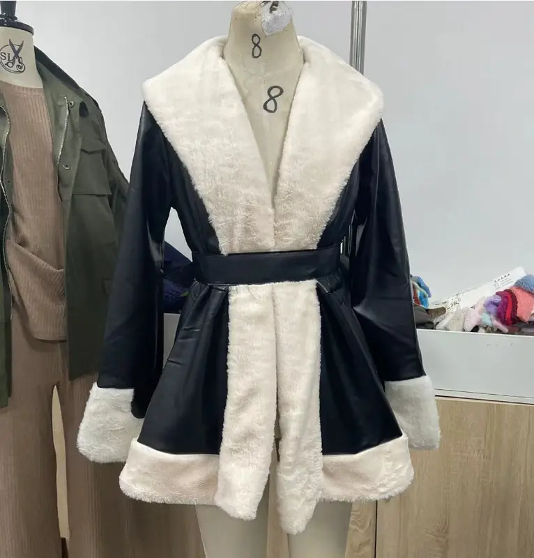 2025 Women's Casual Warm imitation Rabbit Hair Patchwork Leather Jacket Fashion Lapel Long Sleeve Belt Short Coat Winter New - Image 3