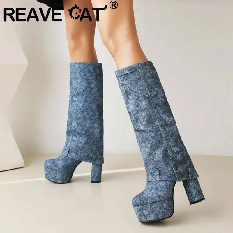 

REAVE CAT Women Knee High Boots Denim Round Toe Chunky Heels 13cm Platform Hill 4.5cm Slip On Plus Size 41 42 43 Fashion Booties