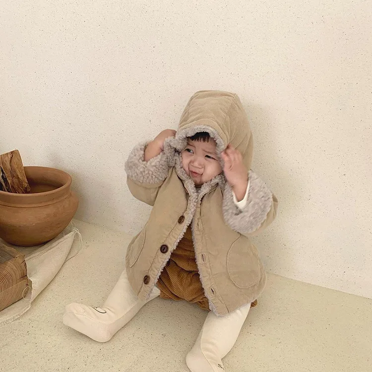 Baby Hooded Coat Corduroy Lambswool Padded Boy's Jacket Winter New Girl's Hooded Coat Casual Cardigan