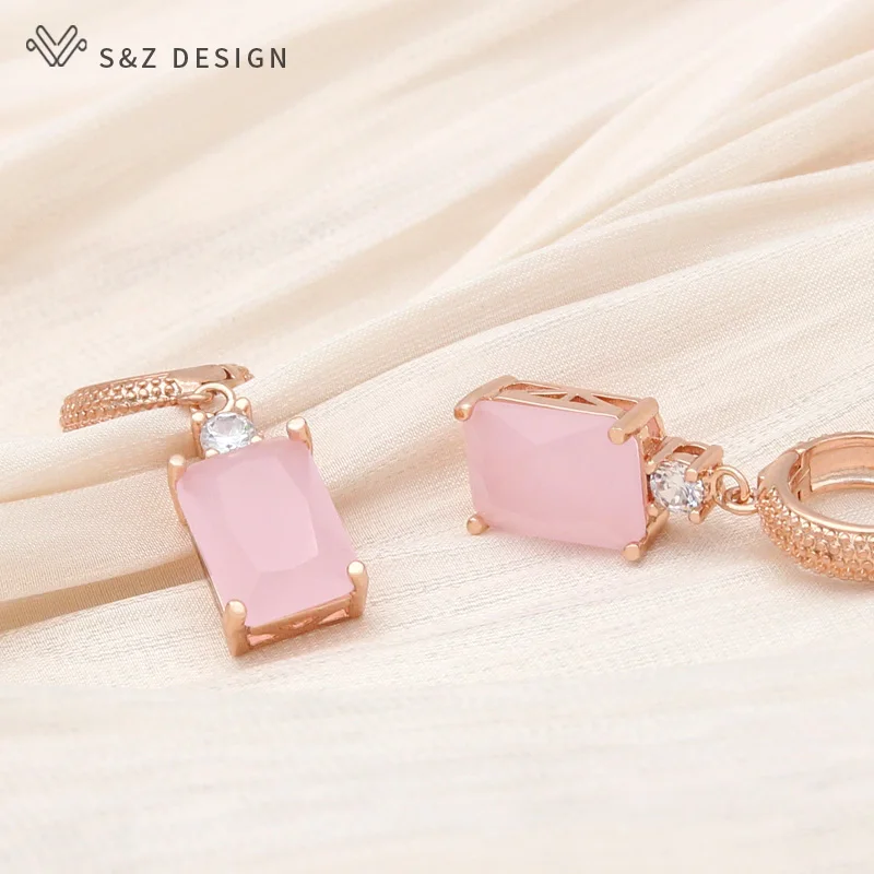 S&Z DESIGN New Fashion Pink Rectangle Crystal Dangle Earrings For Women Wedding Party Jewelry Classic Cubic Zirconia Eardrop