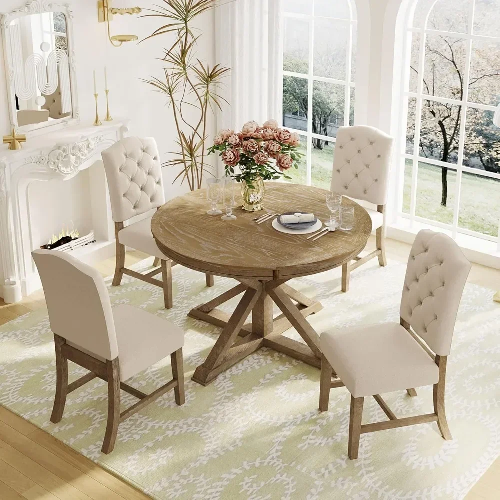 5 Piece Dining Table Set, Solid Wood Kitchen with Extendable Round Table and 4 Upholstered Chairs for Kitchen, Dining Room