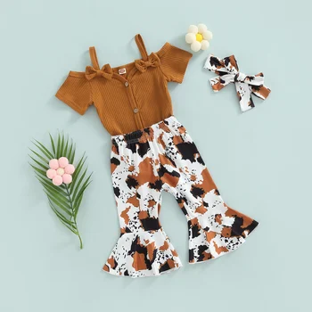 0-24M Newborn Infant Baby Girl 3Pcs Summer Clothing Short Sleeve Solid Bodysuit Top Flared Long Pants 2