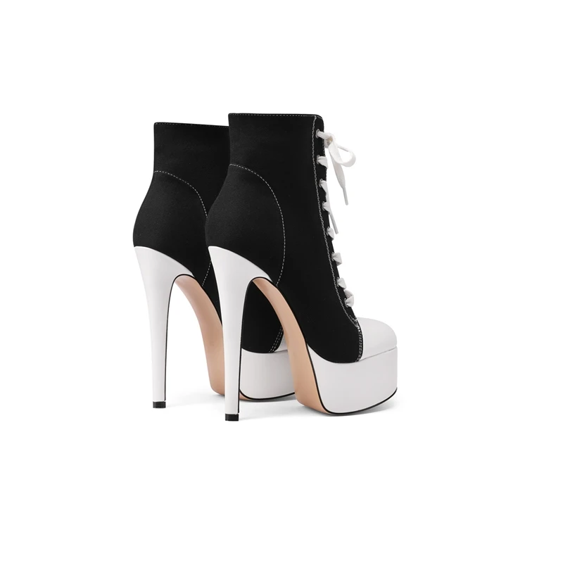 Women's New Spring and Autumn Lace up Pointed Thick Bottom Waterproof Platform denim Calf High Heel Large Martin Short Boots