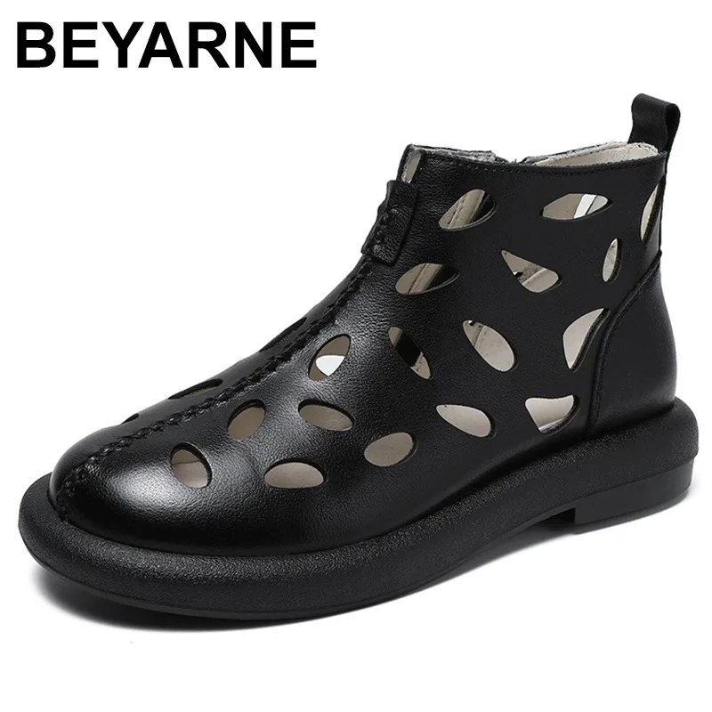 

2023 Summer Shoes Women Genuine Leather Sandals Breathable Cool Boot Flat Side Zipper Fashion Gladiator Sandals
