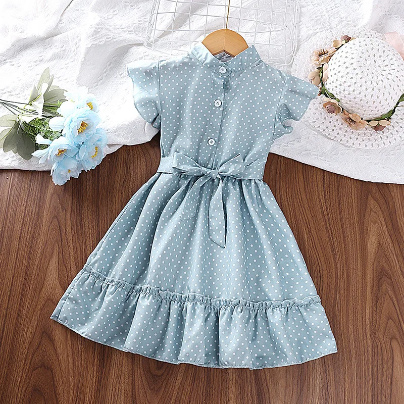 

Girls' Dress 2023 Summer New Fashionable Polka Dot Lace Sleeve Ruffle Lace up Princess Dress