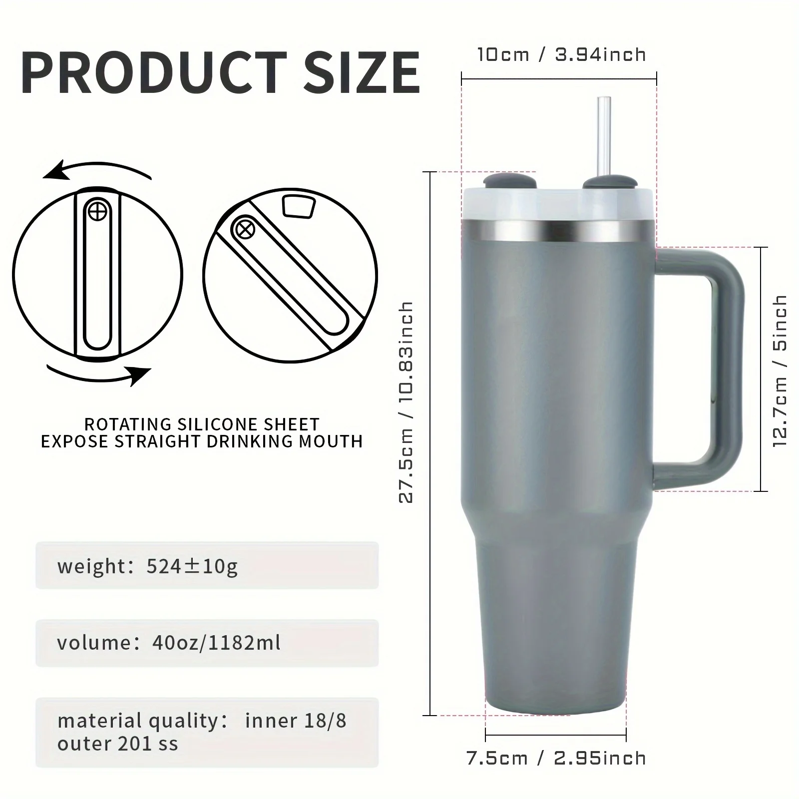 40oz Stainless Steel Car Cup Large Capacity Water Cup with Handle and Straw Double-walled Insulated Travel Mug Holiday Gifts