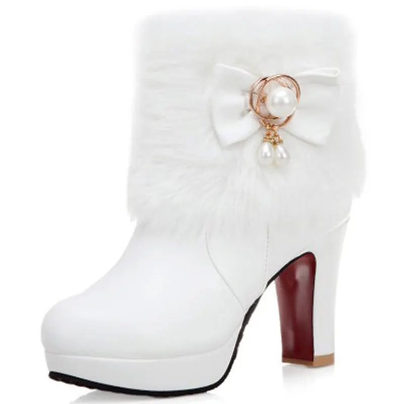 

Winter Boots With Fur Zipper Women's Low Shoes Clogs Platform Round Toe Luxury Designer Plush Ankle High Heel Rubber Ladies