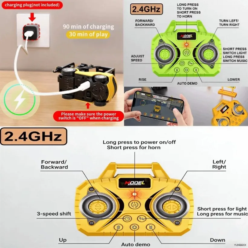 1:64 원격 제어 합금 트럭 굴삭기 포크리프트 트레일러 포함 2.4G_Hz 데스크탑 미니 블루투스 RC 자동차 어린이 장난감 축제 선물