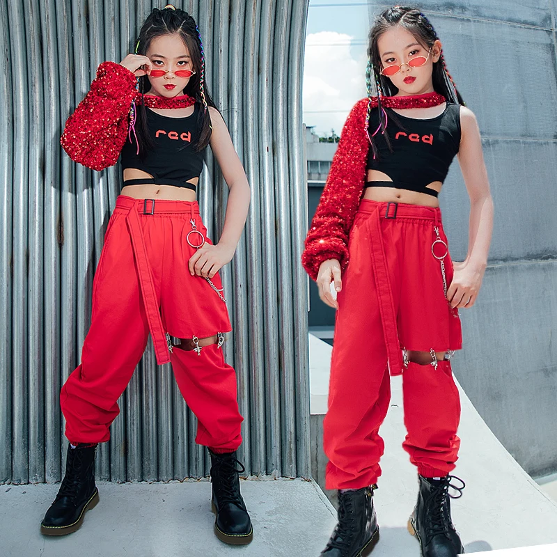 

Hollow Trousers Children'S Ballroom Hip Hop Dance Festival Clothing Girls Jazz Dance Costume Red Sequined Single-Sleeved
