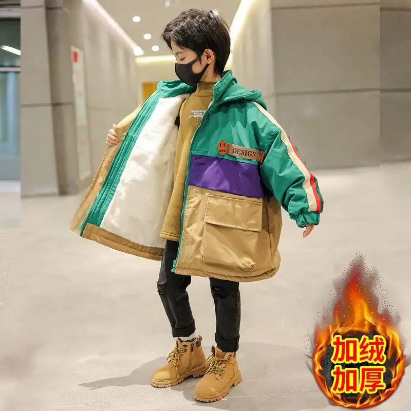 New Winter Children's Boy Thick Velvet Lining Jackets Outerwear Long style Clothes Hooded Teen Boys Windproof Parka Coats 5-12Y