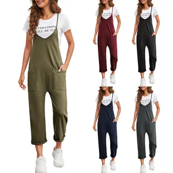 2024 Spring New Women's Casual Pocket Pants Solid Loose Strap Straight Jumpsuit