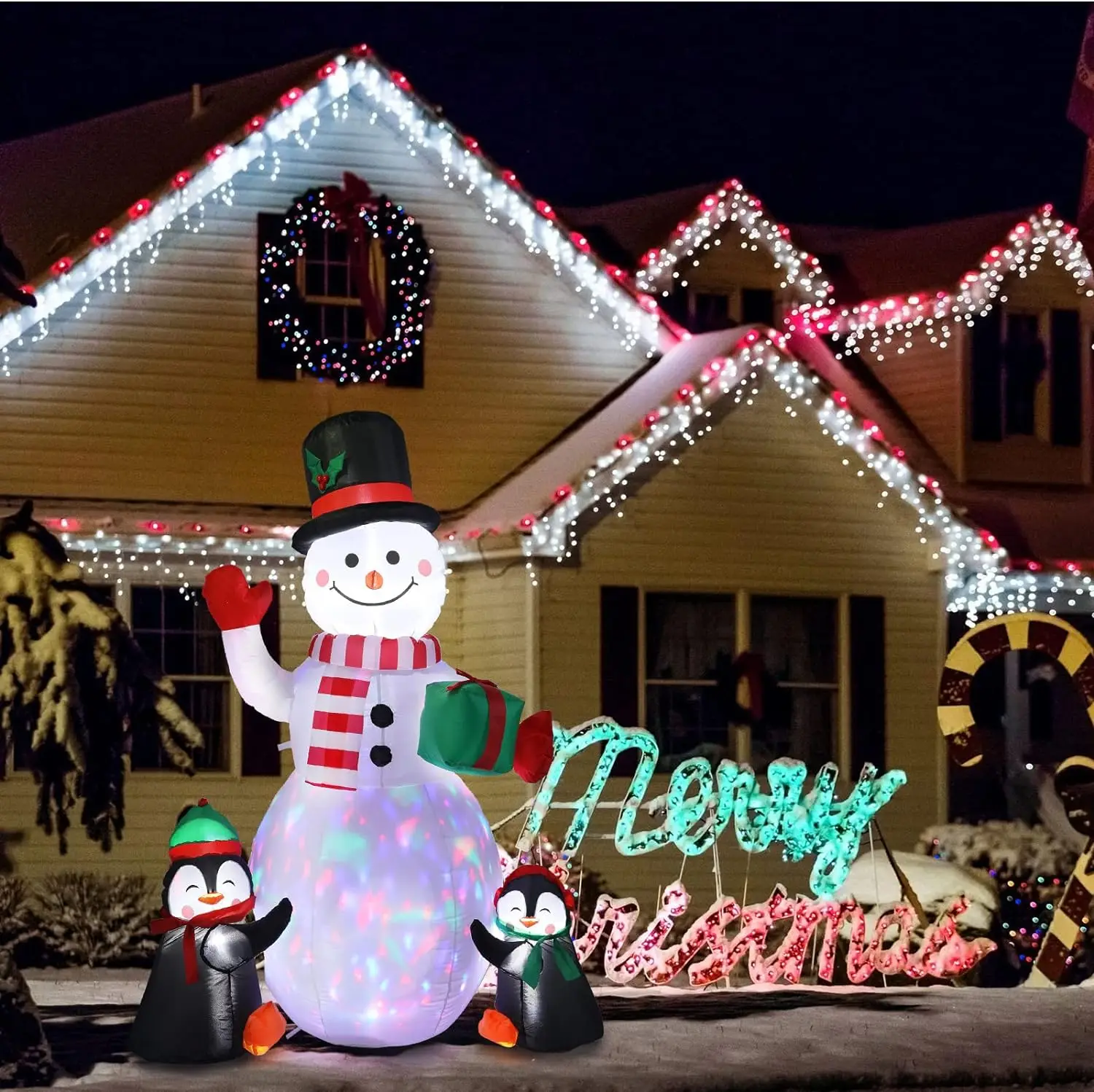 6ft Height Christmas Inflatable Snowman and Penguins with Colorful Rotating Led Lights Blow up Outdoor Yard Decoration Kids Toys